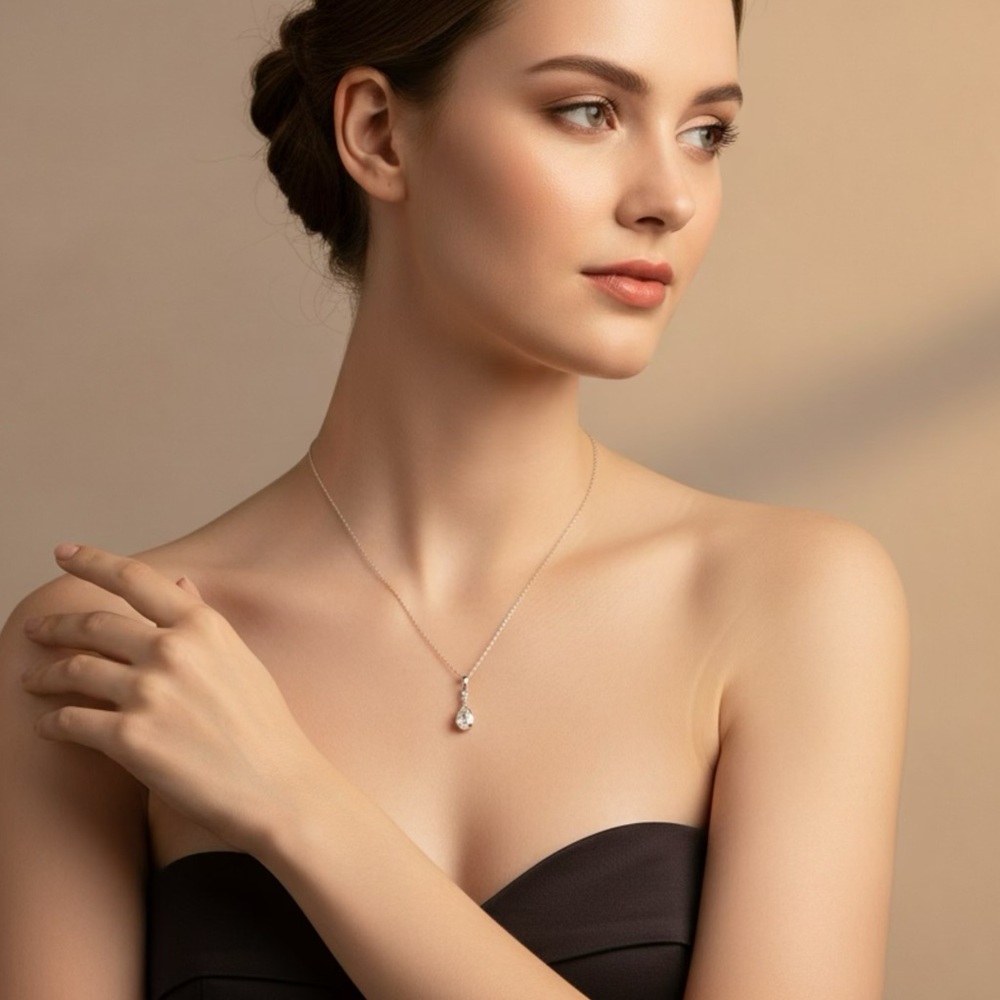 New Teardrop Crystal Pendant Necklace | Silver Tone | Adjustable 21–23”